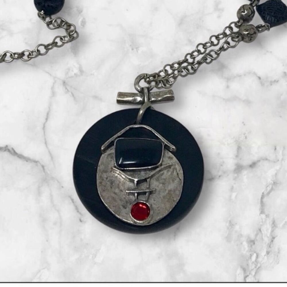 Chico's Silver-Tone Black Pendant Necklace Red Accent Stone Art Deco Statement
